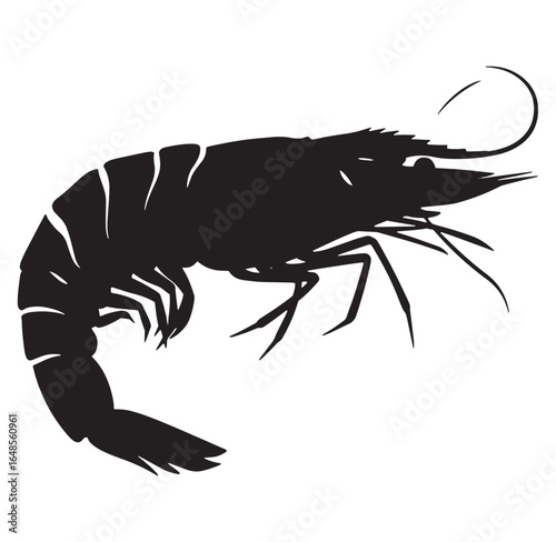 Elegant black silhouette illustration of a shrimp isolated against a clean white background