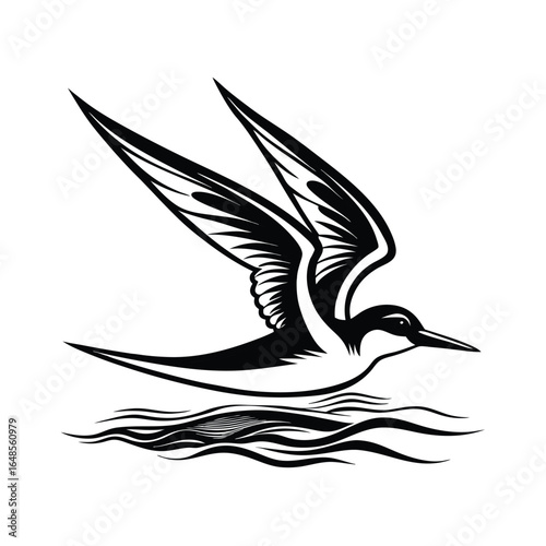 Elegant line art depicting a black skimmer bird gliding gracefully over calm water