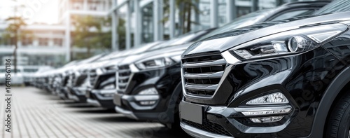 Row of parked cars in a dealership lot