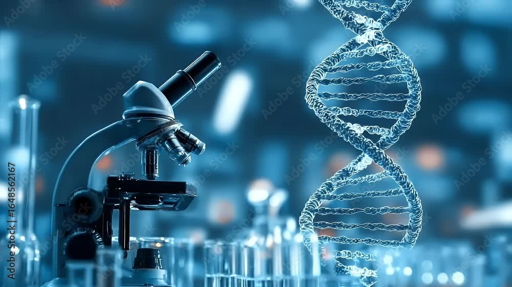 Photo of a microscope and DNA double helix in the laboratory, with blue ...