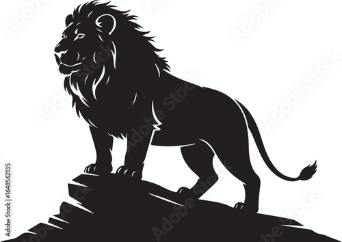 Majestic lion silhouette stands proudly on rocky outcrop
