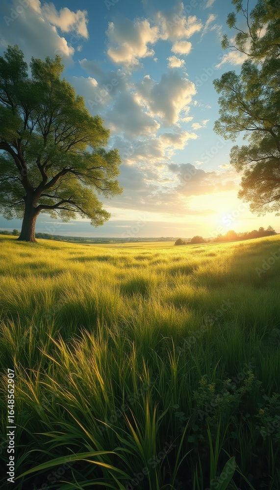 Fototapeta premium Large tree with green leaves at sunset over grassy field