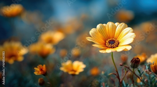 A vibrant yellow flower stands tall among a blurred background of similar blooms, creating a serene and colorful garden scene.