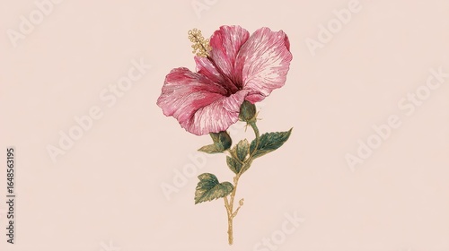 A delicate pink hibiscus flower with intricate lines and details, set against a soft background, showcasing its natural beauty.