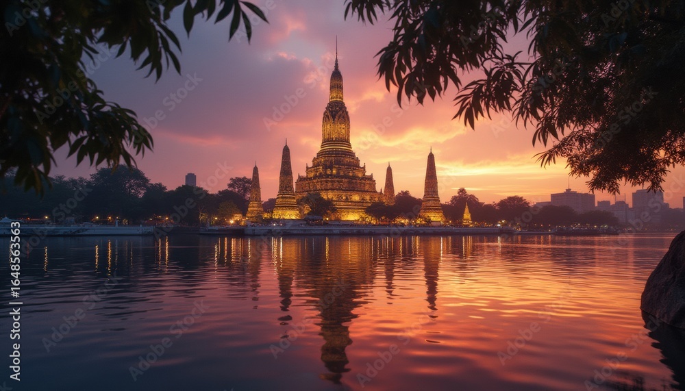 Obraz premium Illuminated temple reflecting in water at sunset