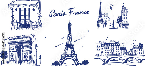 Paris, France Doodle Collection – Eiffel Tower, Arc de Triomphe, Parisian Café, Seine River Bridge – Hand-Drawn Vector Illustration