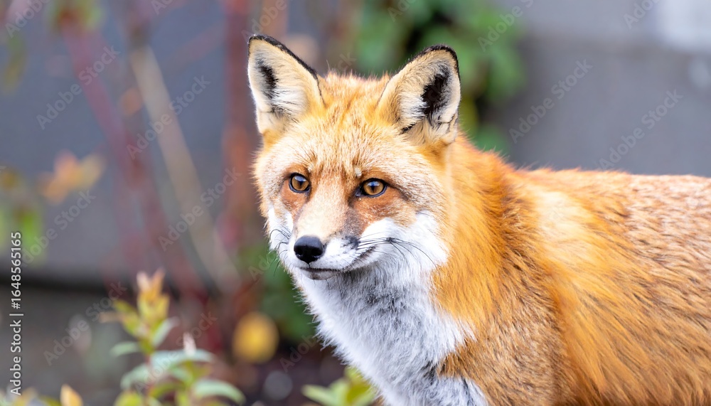 Fototapeta premium Red fox portrait, alert expression, autumnal backdrop