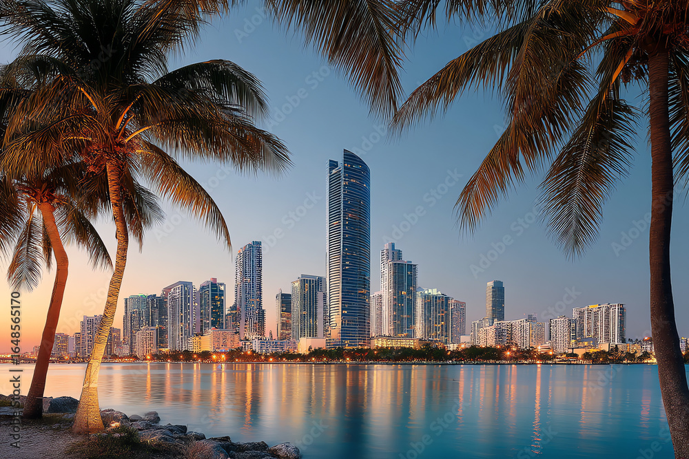 Naklejka premium Skyline of modern skyscrapers and buildings along a waterfront city at dusk, framed by palm trees.