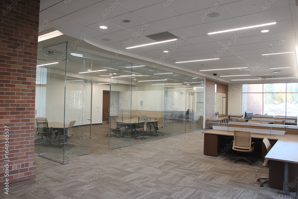 Fototapeta premium Modern office space with glass-walled conference rooms, desks, office chairs, and carpet flooring.