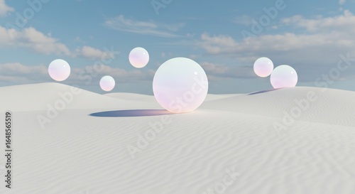 Fototapeta Naklejka Na Ścianę i Meble -  白砂漠に浮かぶ虹色球体 柔らかな光が輝く幻想風景. AI Generated