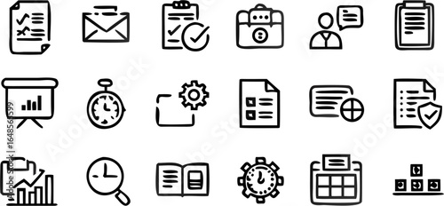 Doodle style icons representing business planning management and office related tasks and organization tools | editable eps vectors
