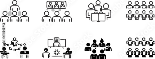 Illustration showing various business meeting scenarios and team structures in a line drawing style | editable eps vectors