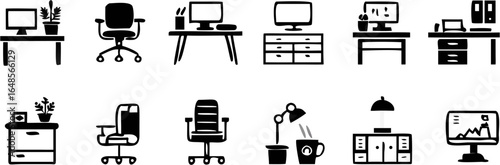 Collection of office furniture icons including desks chairs and computer setups in a vector graphic style | editable eps vectors
