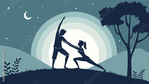  Silhouette of a couple practicing partner yoga outdoors (