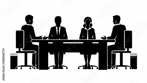 Silhouette illustration of four people sitting at a conference table in a business meeting setting | editable eps vectors