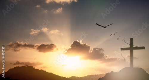 Canvastavla Silhouette of Jesus with Cross over sunset concept for religion, worship, Christ