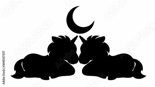 Two unicorns lying down facing each other with a crescent moon above their heads in black silhouette | editable eps vectors
