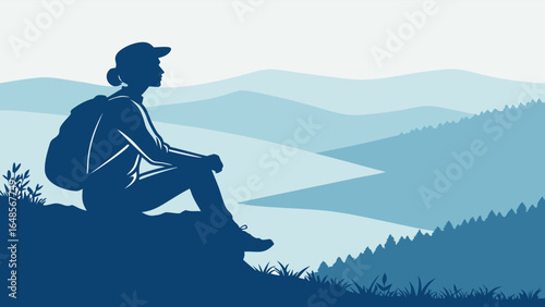 Silhouette of a hiker meditating at scenic viewpoint.eps