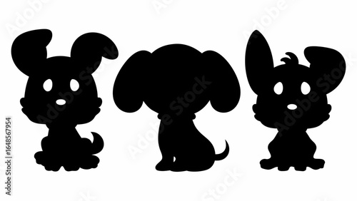 Three cartoon dog silhouettes in a row with different ear styles and tail positions in black and white | editable eps vectors