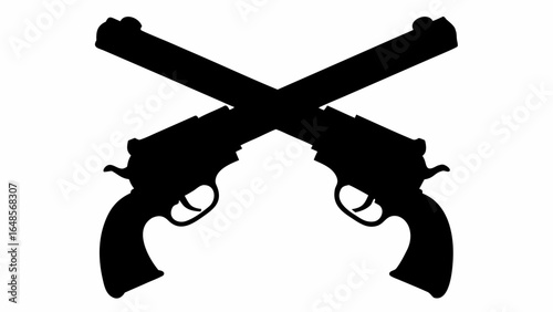 Silhouette of two crossed revolvers with visible triggers and hammers against a white background scene | editable eps vectors