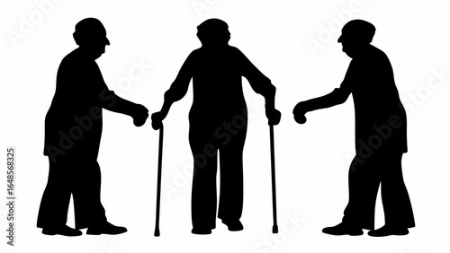 Silhouettes of three elderly figures using walking sticks for support and balance in black and white | editable eps vectors