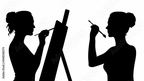 Two female silhouettes painting on canvas with brush on a white background in a studio setting | editable eps vectors