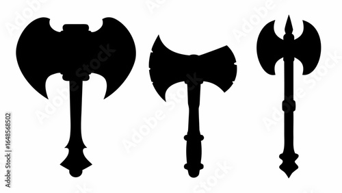 Silhouette depiction of three double bladed axes with varying handle designs on a white background | editable eps vectors