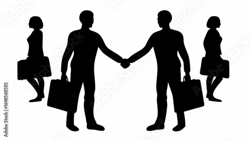 Silhouette of business people shaking hands with briefcases and standing around each other isolated | editable eps vectors