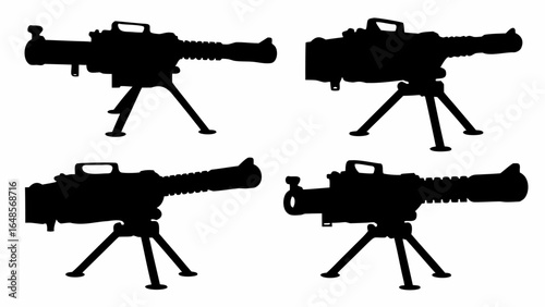 Four silhouettes of machine guns on tripods against a white background in a repeating pattern layout | editable eps vectors