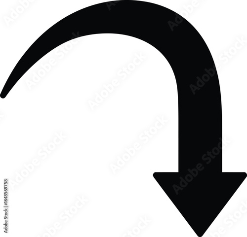 Curved arrow pointing down isolated on white background, a clear and concise symbol for indicating downward direction or movement in various contexts