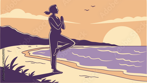 Silhouette of a person standing on a beach doing meditation.eps