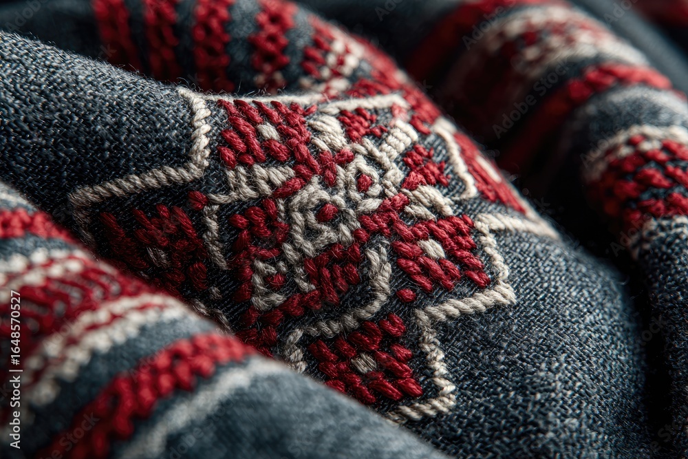 Fototapeta premium Close-up of textured fabric with intricate red embroidery