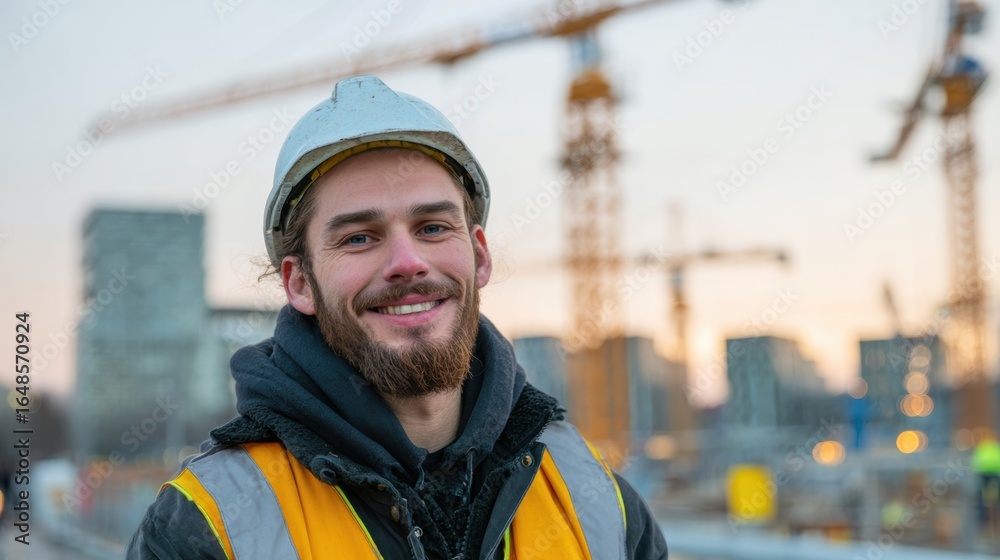 Fototapeta premium A smiling construction worker in a safety helmet stands confidently at a construction site during sunset.