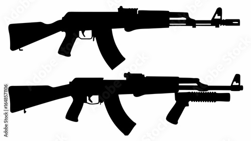 Silhouette depiction showcasing two ak 47 rifles with distinct features and configurations shown clearly | editable eps vectors