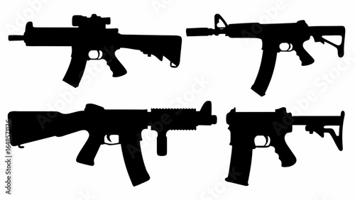 Four black silhouette illustrations of different assault rifles on a white background displaye d clearly | editable eps vectors