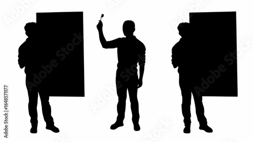 Silhouettes of three people one with a brush and two holding black boards on a white background | editable eps vectors