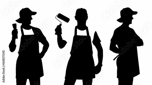 Silhouettes of three painters in aprons holding tools and wearing caps in a black and white image | editable eps vectors