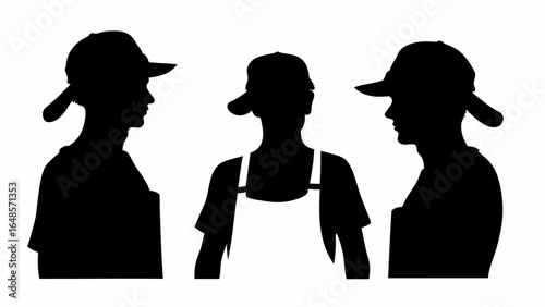 Silhouettes of three people wearing caps and aprons in a black and white illustration style image | editable eps vectors