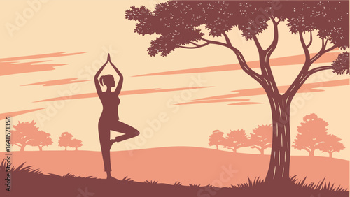 Silhouette of a woman doing tree pose yoga at sunset .eps