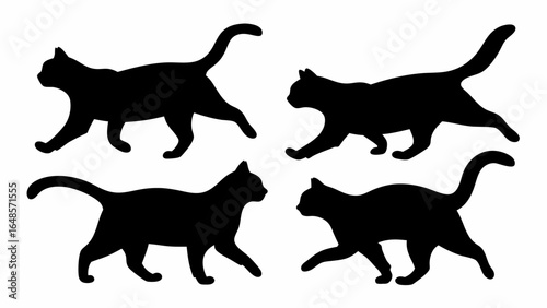 Four black cat silhouettes walking with their tails up against a white background image design | editable eps vectors