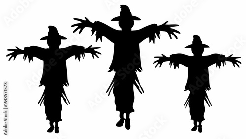 Three scarecrow silhouettes standing with outstretched arms in a spooky halloween arrangement | editable eps vectors