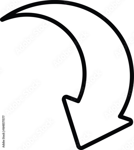 Curved downward arrow isolated on white background, indicating direction, descent, and a curved path, symbolizing navigation and downward movement