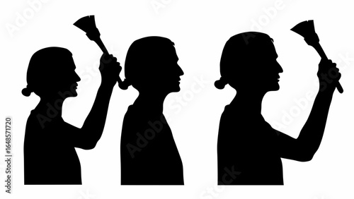 Silhouetted women holding a duster in various poses against a white background showcasing cleaning | editable eps vectors