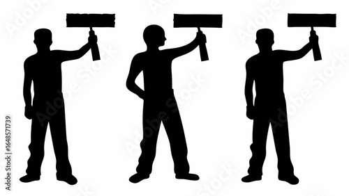 Three silhouettes of people holding signs aloft in a demonstration or protest action event scene image | editable eps vectors