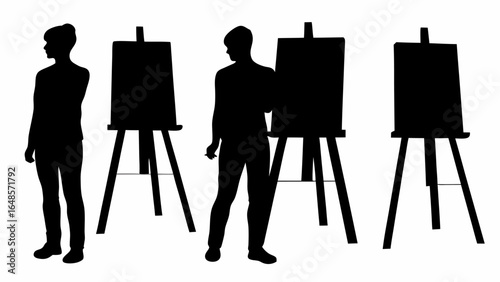 Silhouette of three artists standing in front of their easels in a studio environment painting art | editable eps vectors
