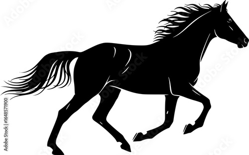 a horse silhouette, running, side view, smooth lines, white background, vector

