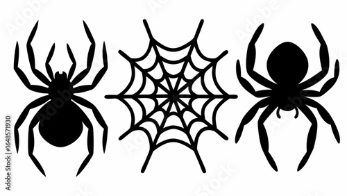 Three halloween icons featuring two spiders and a spider web in black silhouette on a white background | editable eps vectors