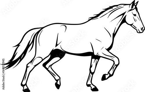 a horse silhouette, running, side view, smooth lines, white background, vector

