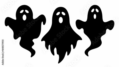 Three black ghosts with oval eyes and mouths floating in a white background for halloween decoration | editable eps vectors silhouette