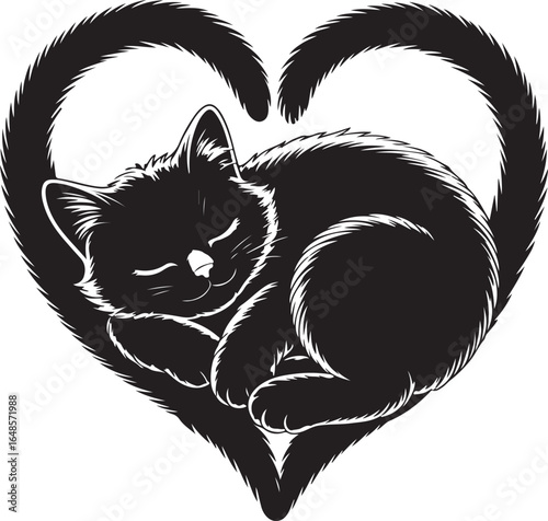 Adorable black kitten sleeping inside a heart shape